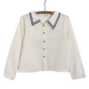 Sellys White Crochet Knit Button Up Blouse with Black Contrast Collar Size Small